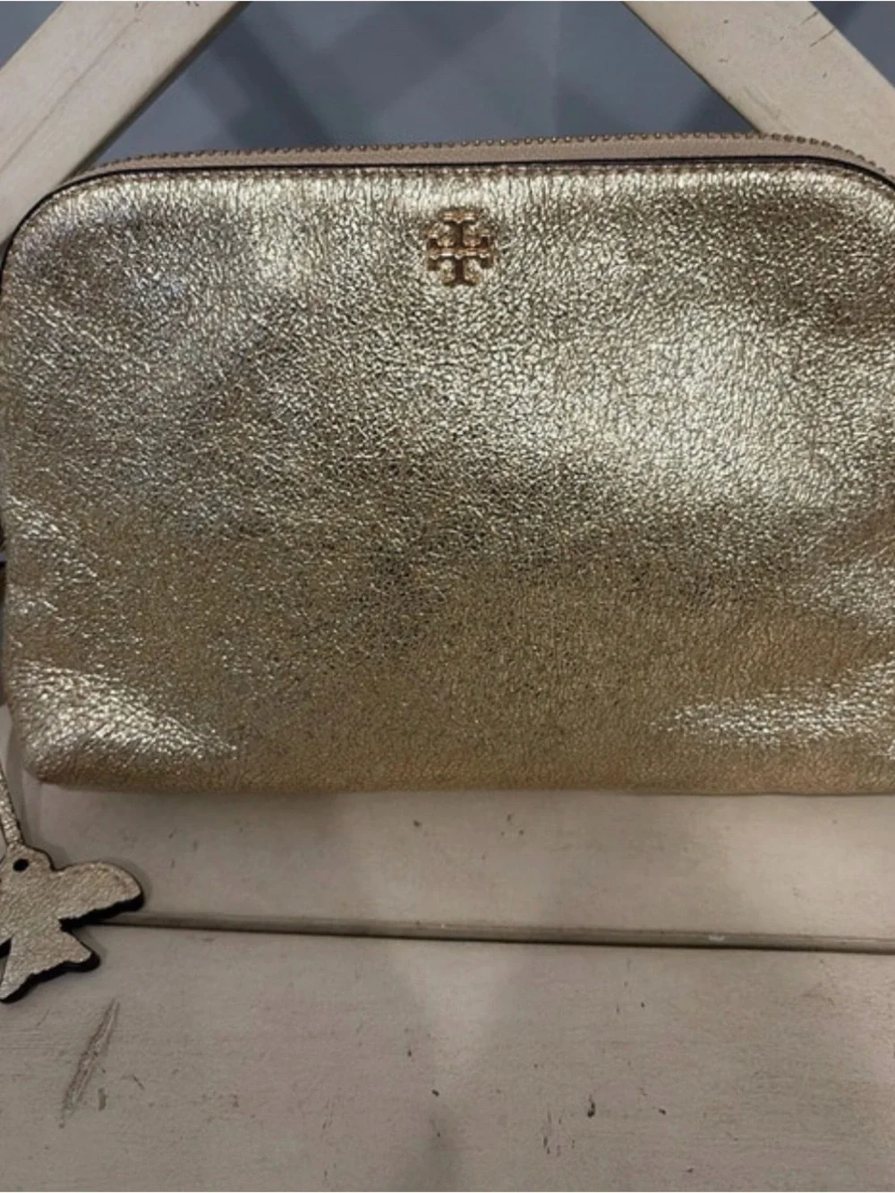 Tory Burch Metallic Gold Crossbody with Dove and Heart charms